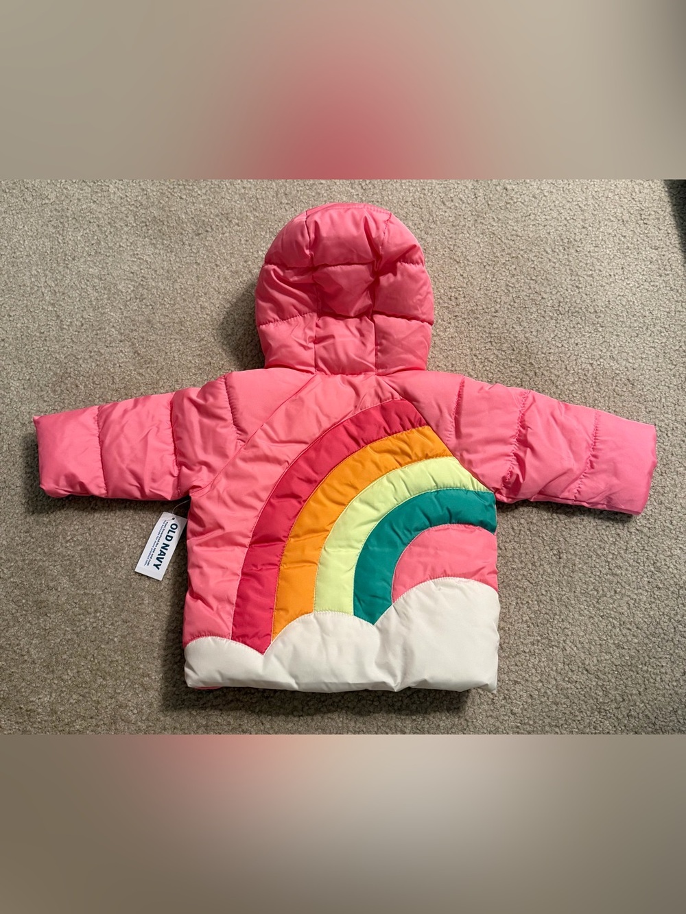 Old Navy Baby Puffer Jacket Pink With Rainbow And Clouds 3-6 Months NWT